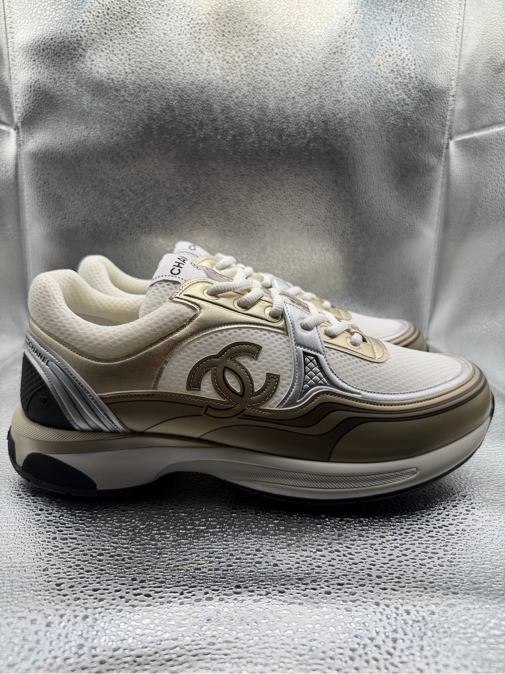 Logo Platform Sneakers in Metallic Ivory & Gold